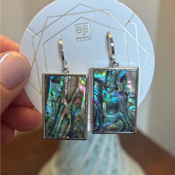 B.b. Lila Jewelry - Iridescent Abalone Rectangle Drop Earrings with Huggie Clasp. NEW!